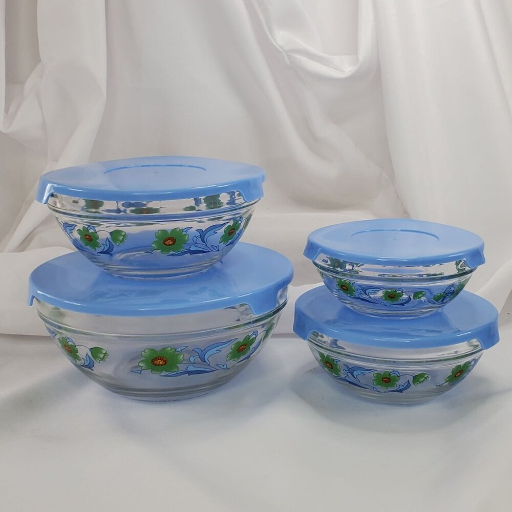 Vintage Imperial Glass Blue Green Flower Nesting Bowls Storage 1970's Set of 4 - Picture 14 of 14